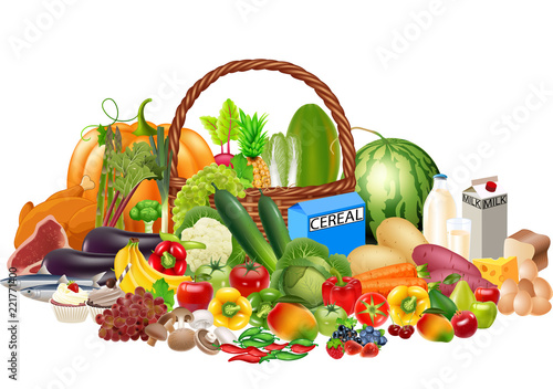 Cartoon healthy foods contains of fruits and vegetables, protein, carbohydrate and milk