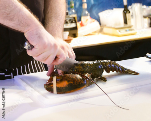 Cooking Lobster, chef cutting lobster, Hands of a chef cutting a fresh lobster