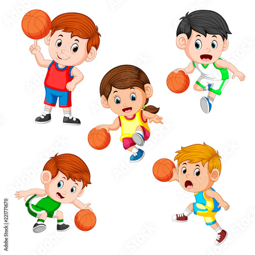 collection of the basketball profesional children player with the different posing 
