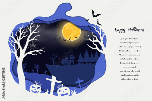 Paper art Halloween with scary pumpkins and full moon on blue background