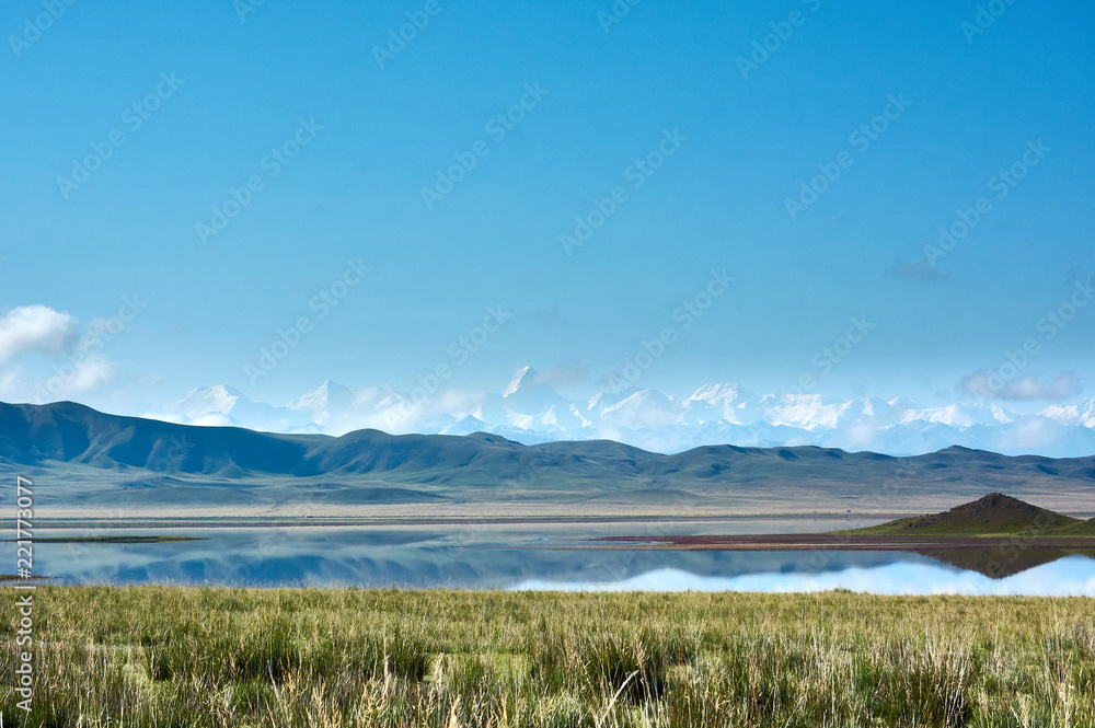 Tuzkol lake and Khan Tengri peak in front of view (lake of salt and King of Sky peak in Kazakh language), Kazakhstan