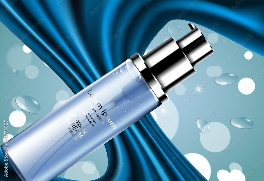 Luxury cosmetic Bottle package skin care cream, Beauty cosmetic product poster, with Blue fabric cotton and Bokeh background Luxury cosmetic Bottle package skin care cream, Beauty cosmetic product poster, with Blue fabric cotton and Bokeh background