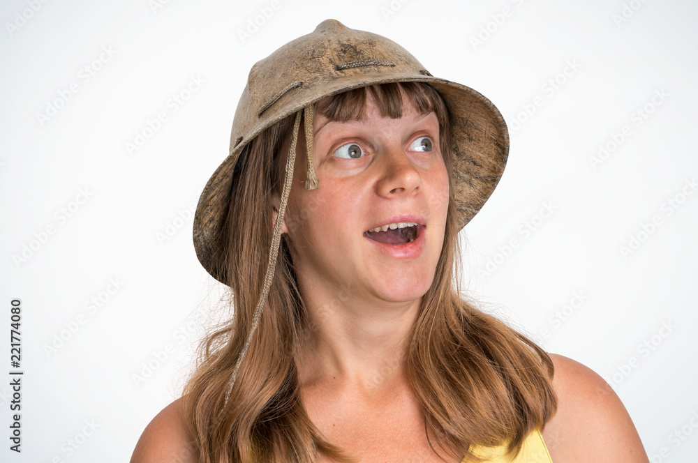 Scared explorer woman with helmet isolated on white Scared explorer woman with helmet isolated on white