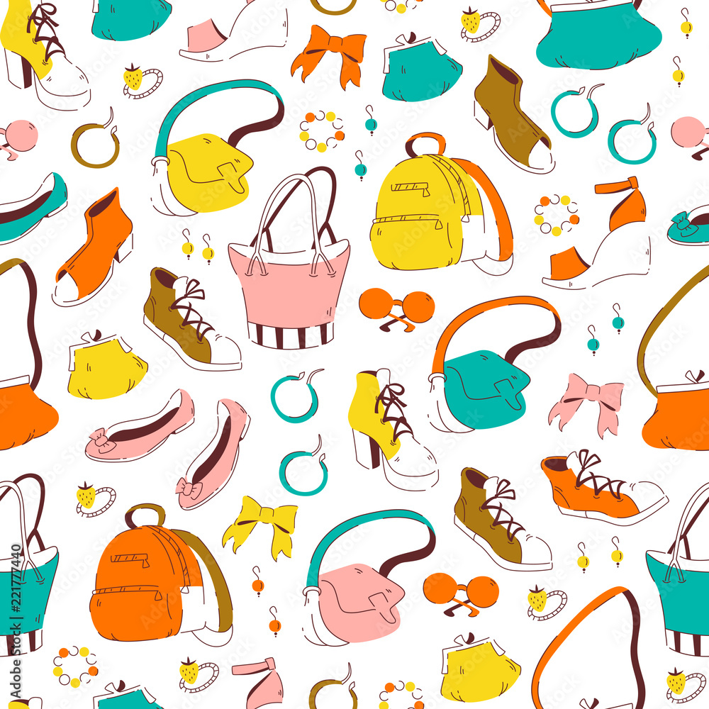 Vector Hand Drawn Seamless Pattern of Shoes and Bags. Vector Doodle Elements.