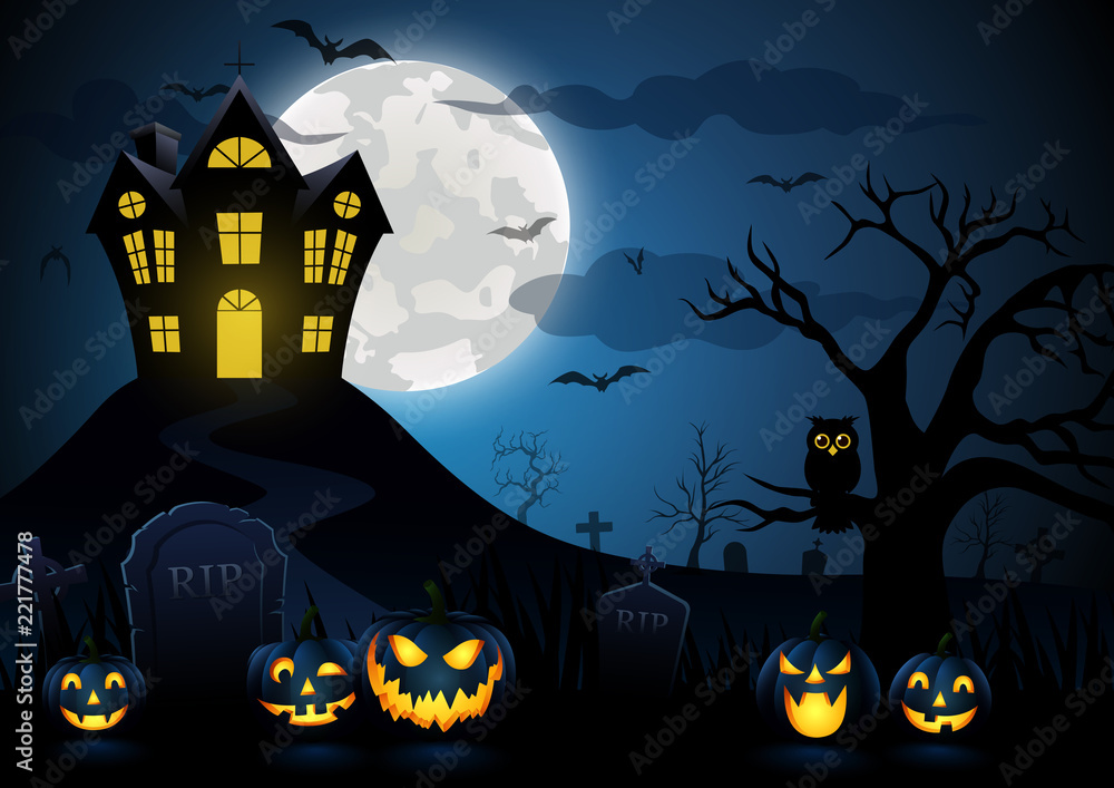 Halloween pumpkin and spooky house with blue moon background,vector illustration Halloween pumpkin and spooky house with blue moon background,vector illustration