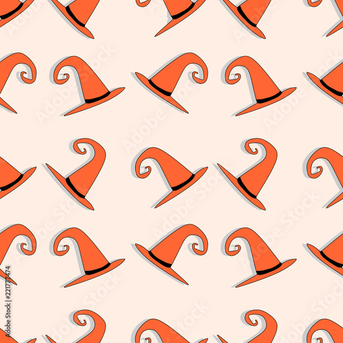 Vector witch hat seamless pattern with orange colors. Creative patterns for baby and kids fashion textile wrapping halloween theme ready for print. photo