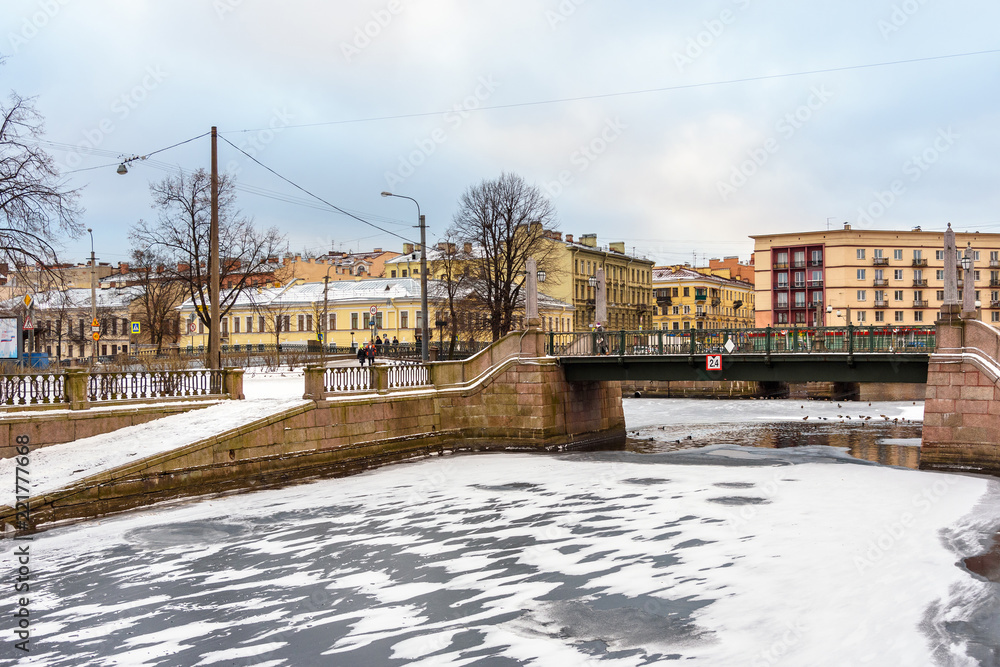 Krasnogvardeysky Bridge over the Griboedov Canal in winter. Saint Petersburg, Russia