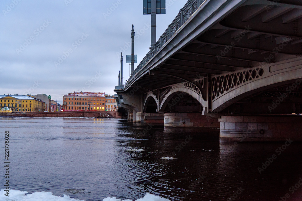 View of Annunciation Bridge from English Embankment in winter. Saint Petersburg. Russia