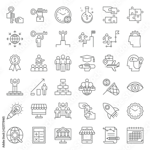 start up and success entrepreneur related icon such as mindset, launching start up, vision, time management, skills development, crowdfunding and marketing research, outline editable stroke icon 