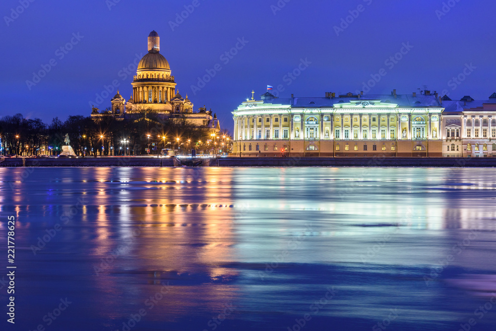 Admiralty embankment and St Isaac's Cathedral at night. Saint Petersburg. Russia