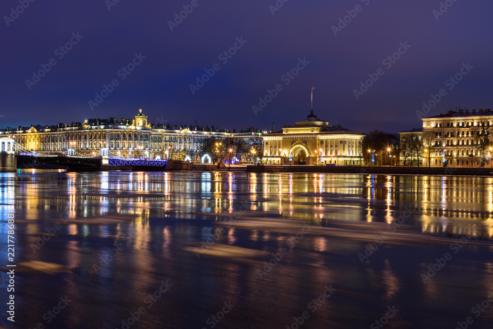View of Admiralty embankment at night. Saint Petersburg. Russia