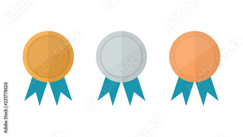 Champion gold, silver and bronze award medals with blue ribbons isolated on white background. Vector illustration