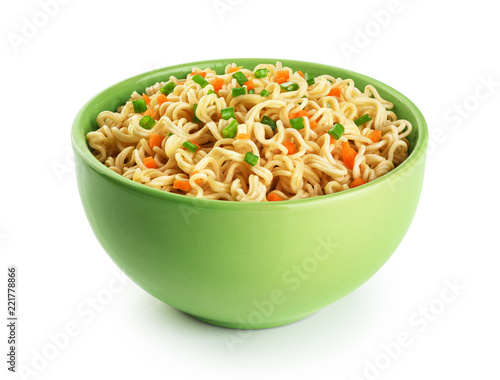 Bowl of instant noodles isolated on white background.