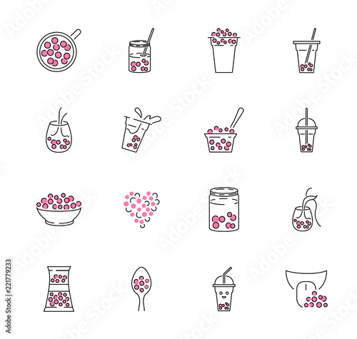 Bubble tea outline icon collection set. Milk boba in jar or mug vector illustration