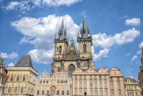 Old Town Square and Church of Mother of God in Prague, Czech Republic. Architecture and landmark of Prague.