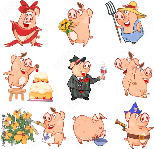 Set of Cartoon Illustration. Cute Pigs in Different Poses for you Design. Cartoon Character