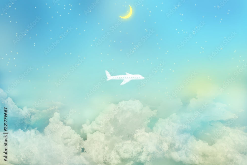 Fototapeta premium 満天の星空に浮かぶ雲と新月、飛行機の形をした雲