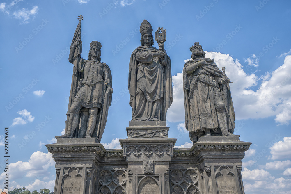 Sculptures Charles Bridge. Statues of three figures - Saint Norbert, St. Vaclav and St. Sigismund. Prague Czech Republic