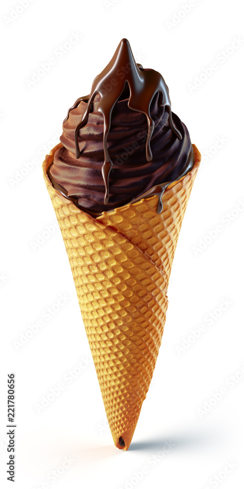 3d render of chocolate tasty ice cream cone covered with liquid brown topping 3d render of chocolate tasty ice cream cone covered with liquid brown topping