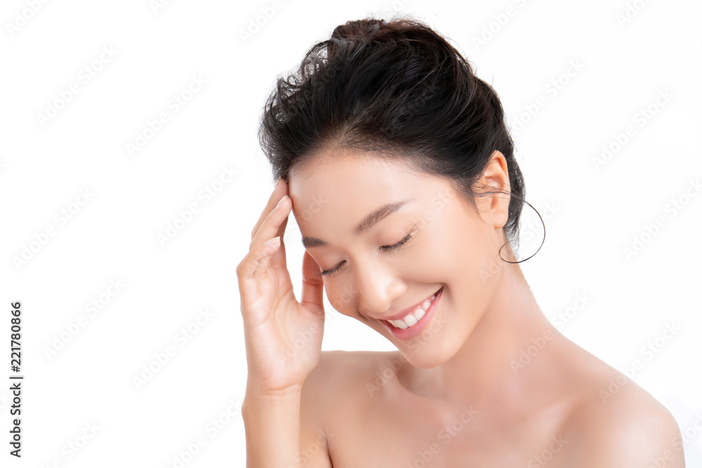 Beautiful woman asian face close up studio .She is holding the forehead. Beautiful woman asian face close up studio .She is holding the forehead.