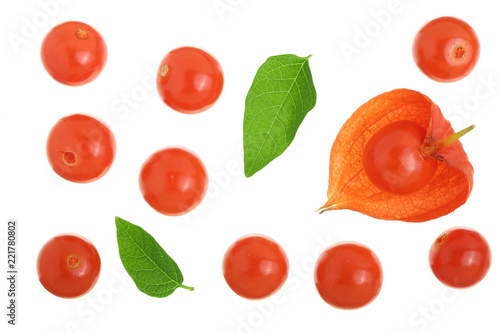 physalis with leaves isolated on white background with copy space for your text. Top view. Flat lay pattern