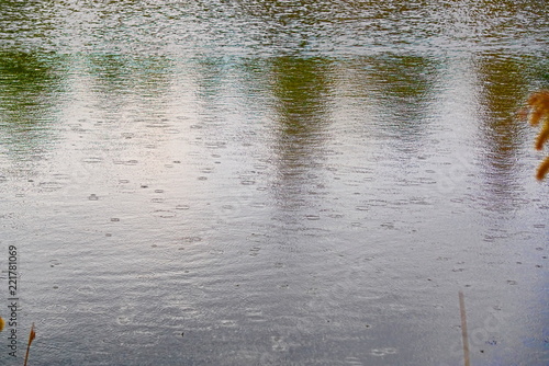 The surface of the lake during the rain.