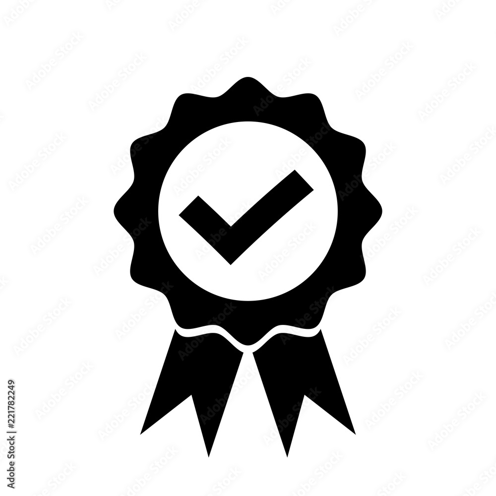 Check mark in badge with ribbons icon. Flat style design vector illustration. Check mark in badge with ribbons icon. Flat style design vector illustration.