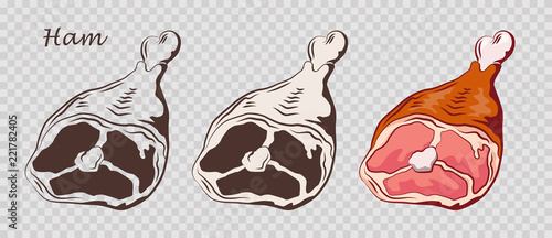 Ham hock. Pork knuckle isolated on the pseudo transparent background. Meat on the bone. Set of outline, black and white, colored images. Vector illustration. Icon, emblem, logo element.