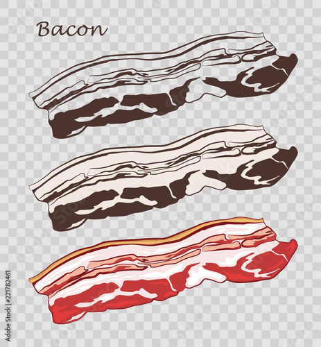 Bacon isolated on the pseudo transparent background. Slice of pork. Set of outline, black and white, colored images.  Vector illustration. Icon, emblem, logo element.