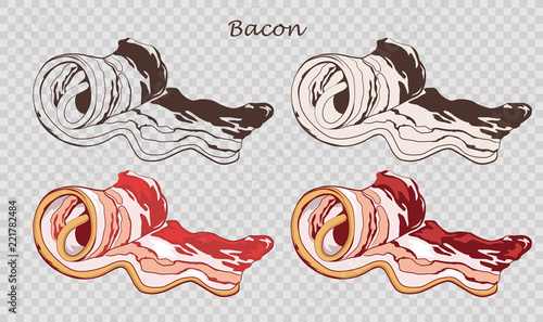 Bacon rolls isolated on the pseudo transparent background. Slice of pork. Set of outline, black and white, colored images. Vector illustration. Icon, emblem, logo element.