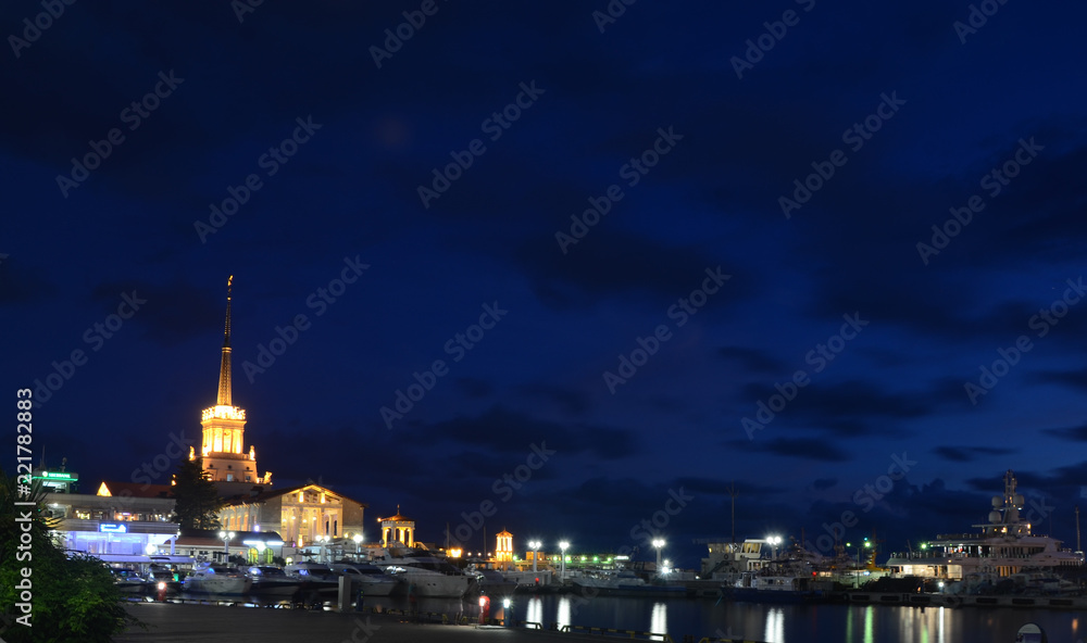 Sea port of Sochi in the september night.