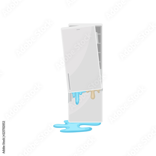 Broken refrigerator, damaged home appliance vector Illustration on a white background