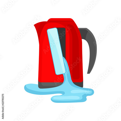Broken red kettle pouring water, damaged home appliance vector Illustration isolated on a white background