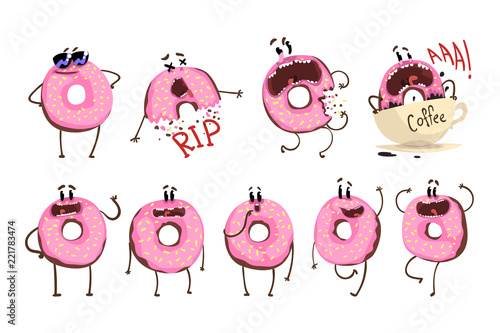 Funny pink donut cartoon character set, cute doughnut with different emotions vector Illustrations