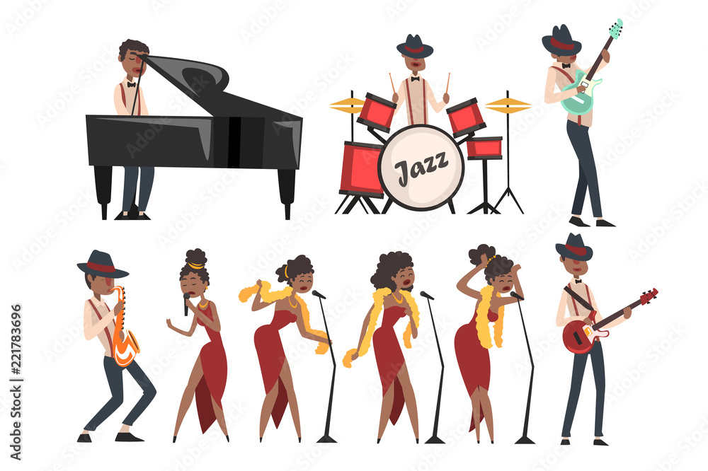 Flat vector set of jazz artists characters isolated on white. Black man playing drums, grand piano, electric guitar, and saxophone. Woman singer in different poses Flat vector set of jazz artists characters isolated on white. Black man playing drums, grand piano, electric guitar, and saxophone. Woman singer in different poses