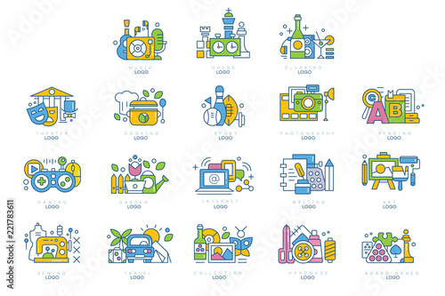 Logo set, theatre, cooking, sport, writing, photography, art, handmade, board game, reading labels, creativity, science and art vector illustrations