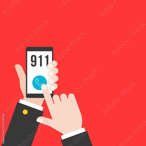 business hand holding smart phone calling police 911 from application, flat design