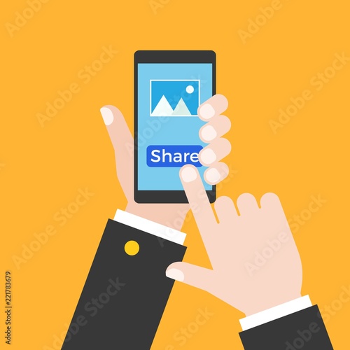 business hand holding smart phone and touch at screen for share photo from share button, flat design, concept