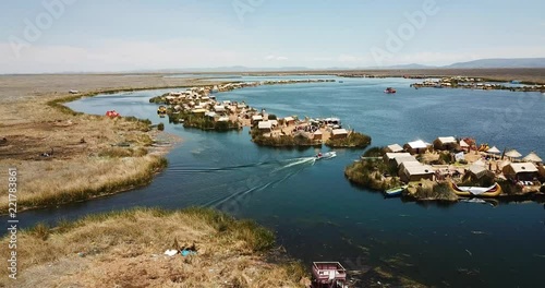 Aerial view of floating islands of Uros at Lake Titicaca video photo