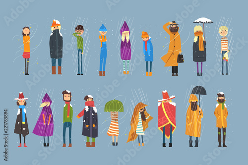 Cartoon flat people characters set freezing outside. Rainy and snowy weather. Boy with bouquet of flowers, man in raincoat, girl with umbrella