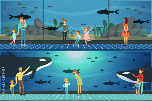 People visiting an oceanarium set of vector Illustrations, parents with children watching underwater scenery with sea animals