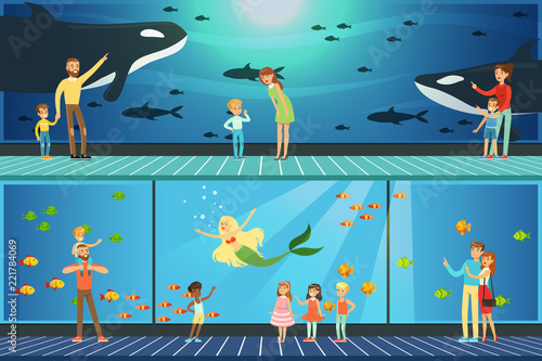 People visiting an oceanarium set of vector Illustrations, parents with children watching underwater scenery with sea animals