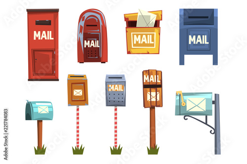 Mail boxes set, vintage postbox cartoon vector Illustrations