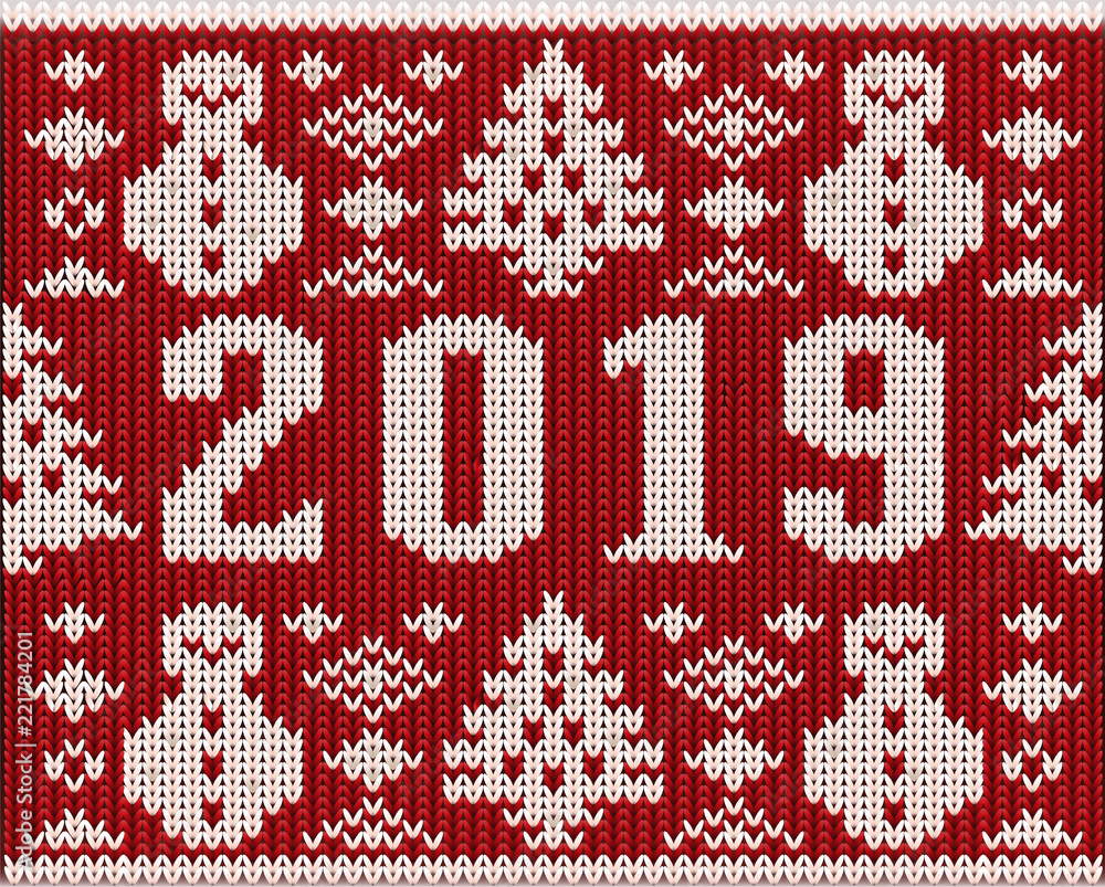 Christmas jumper fragment with 2019 New Year knitted texture, vector illustration Christmas jumper fragment with 2019 New Year knitted texture, vector illustration