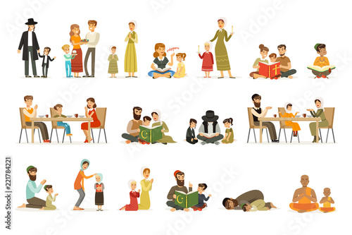 Vector flat people characters of different religions set. Jews, Catholics, Muslims, Buddhists. Families in national costumes that pray, read holy books, celebrate holidays. © topvectors
