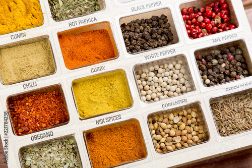 Fresh spices close up as a background. Top view. Turkish cuisine.