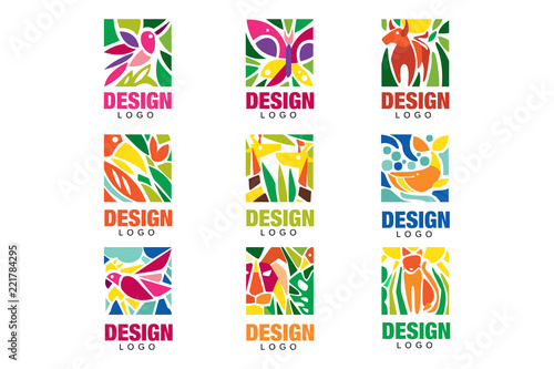 Fototapeta Naklejka Na Ścianę i Meble -  Design lodo set, labels with plants, birds and animals, tropical environmental signs, design emblem elements vector Illustrations
