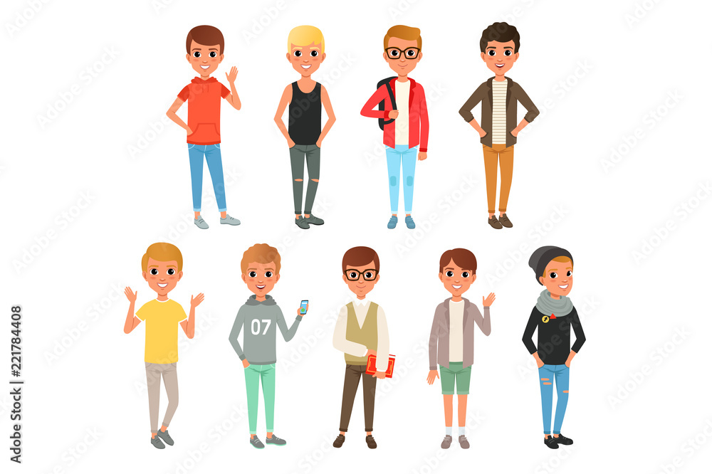 Set of cute boys characters dressed in stylish casual clothing. Kids posing with smiling face expressions. Children wear. Cartoon flat vector design Set of cute boys characters dressed in stylish casual clothing. Kids posing with smiling face expressions. Children wear. Cartoon flat vector design