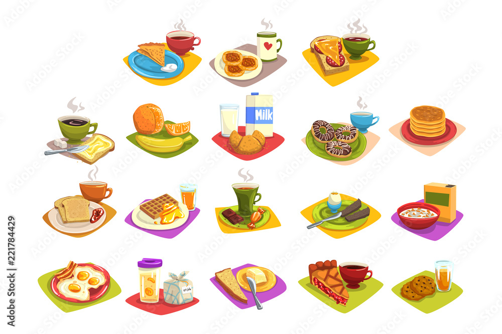 Classic breakfast ideas set. Cartoon illustration with coffee and toast with butter, fruits, milk and croissant, fried eggs and bacon, waffles with honey. Flat vector - obrazy, fototapety, plakaty 