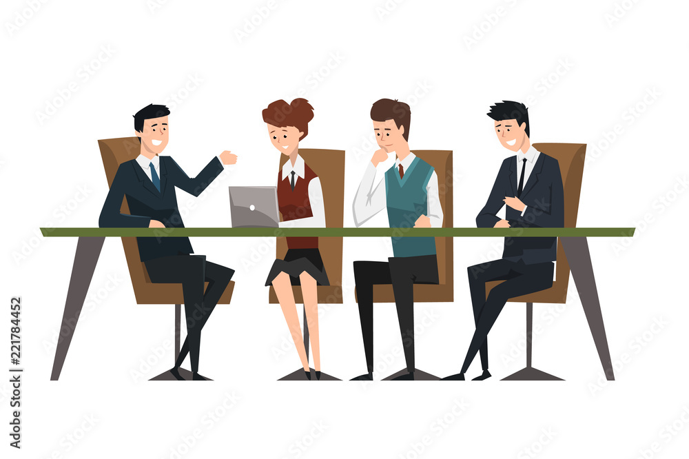 Group business people working in office. Men dressed in classic black suits and ties. Assistant work on laptop. Brainstorming or teamwork. Flat vector design Group business people working in office. Men dressed in classic black suits and ties. Assistant work on laptop. Brainstorming or teamwork. Flat vector design
